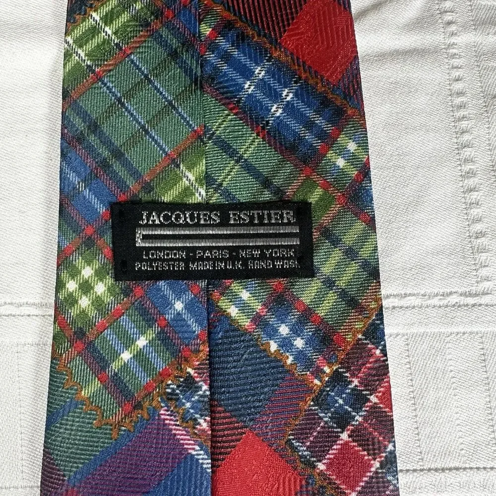 Vintage Jacques Estier Multicolor Plaid Neck Tie Polyester Made In UK